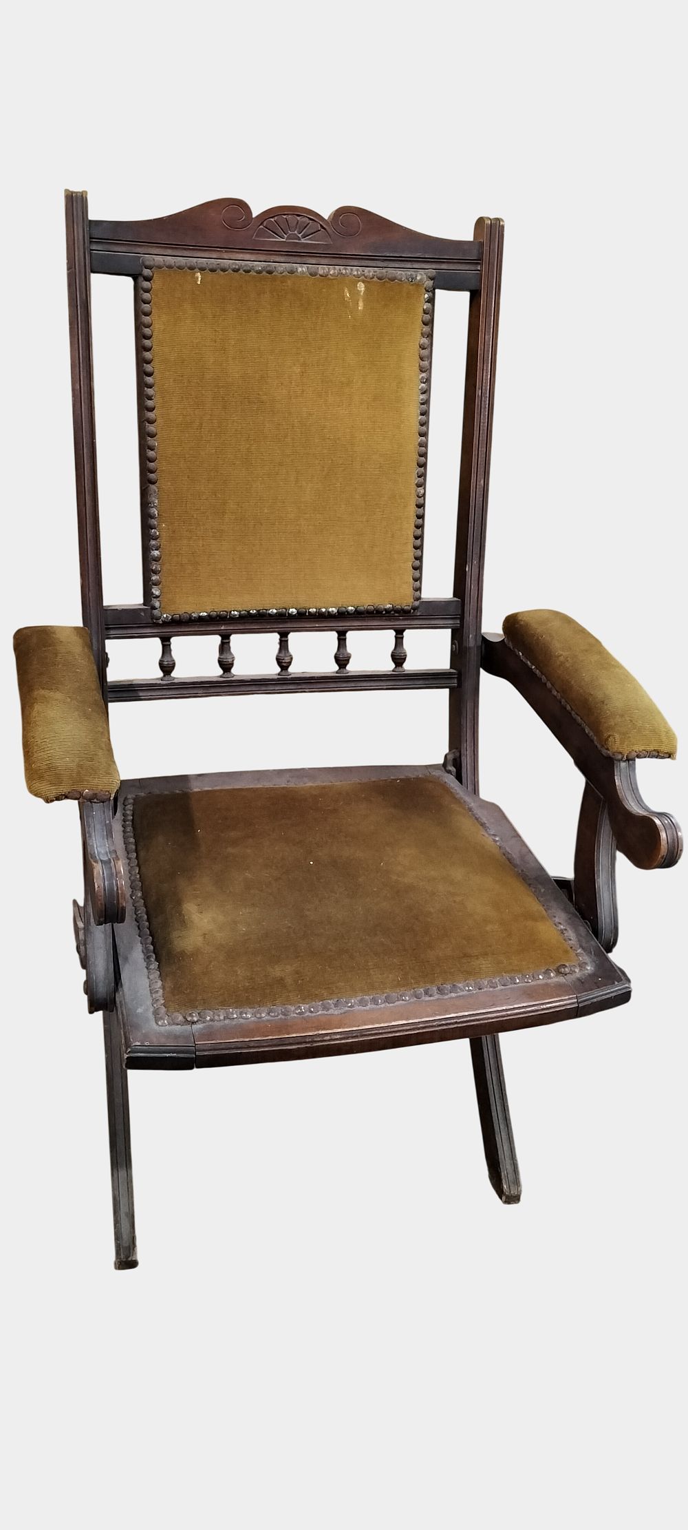 Lot 415: Victorian folding hardwood armchair with mustard velvet upholstery