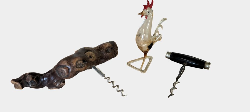 Lot 488: A Trio of Vintage Barware Including Rynbende Novelty Glass Rooster Bottle and French Grapevine Wood Corkscrew