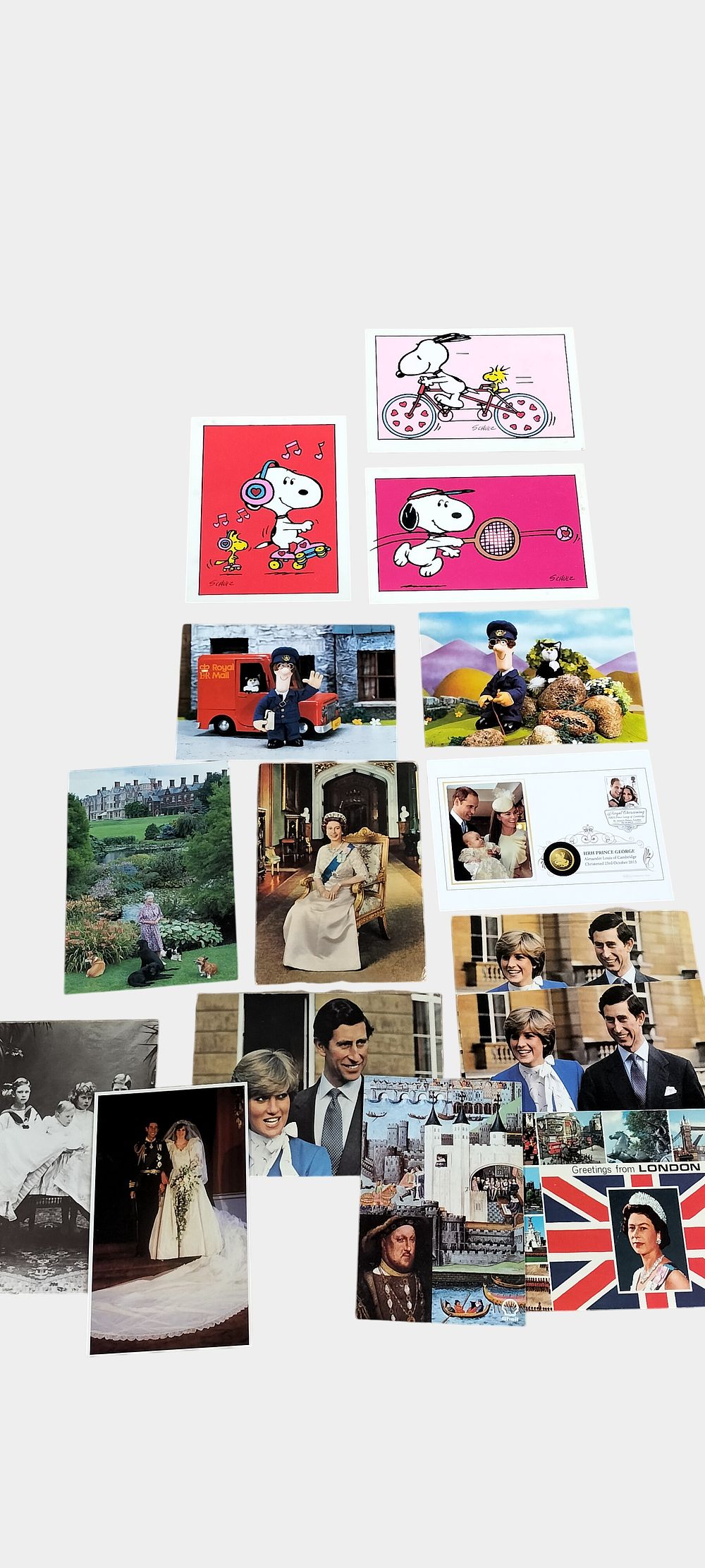 Lot 498: A Collection of 14 Postcards and Ephemera Featuring the British Royal Family, Snoopy, and Postman Pat