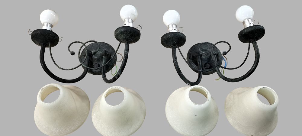 Lot 364: A Pair of Poole Lighting Metal Two-Light Wall Sconces with Scavo Glass Shades