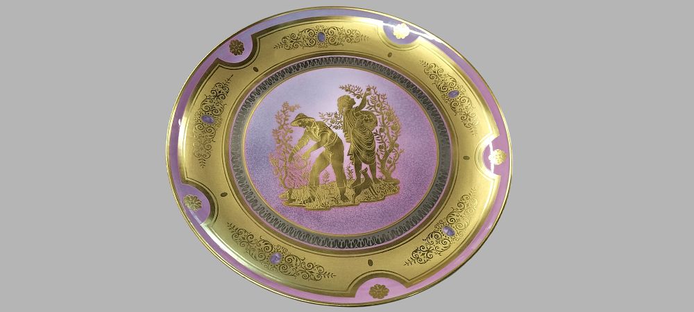 Lot 374: A Morbelli 24ct Gold and Platinum Decorated Italian Porcelain Plate titled Estate from the Four Seasons Series