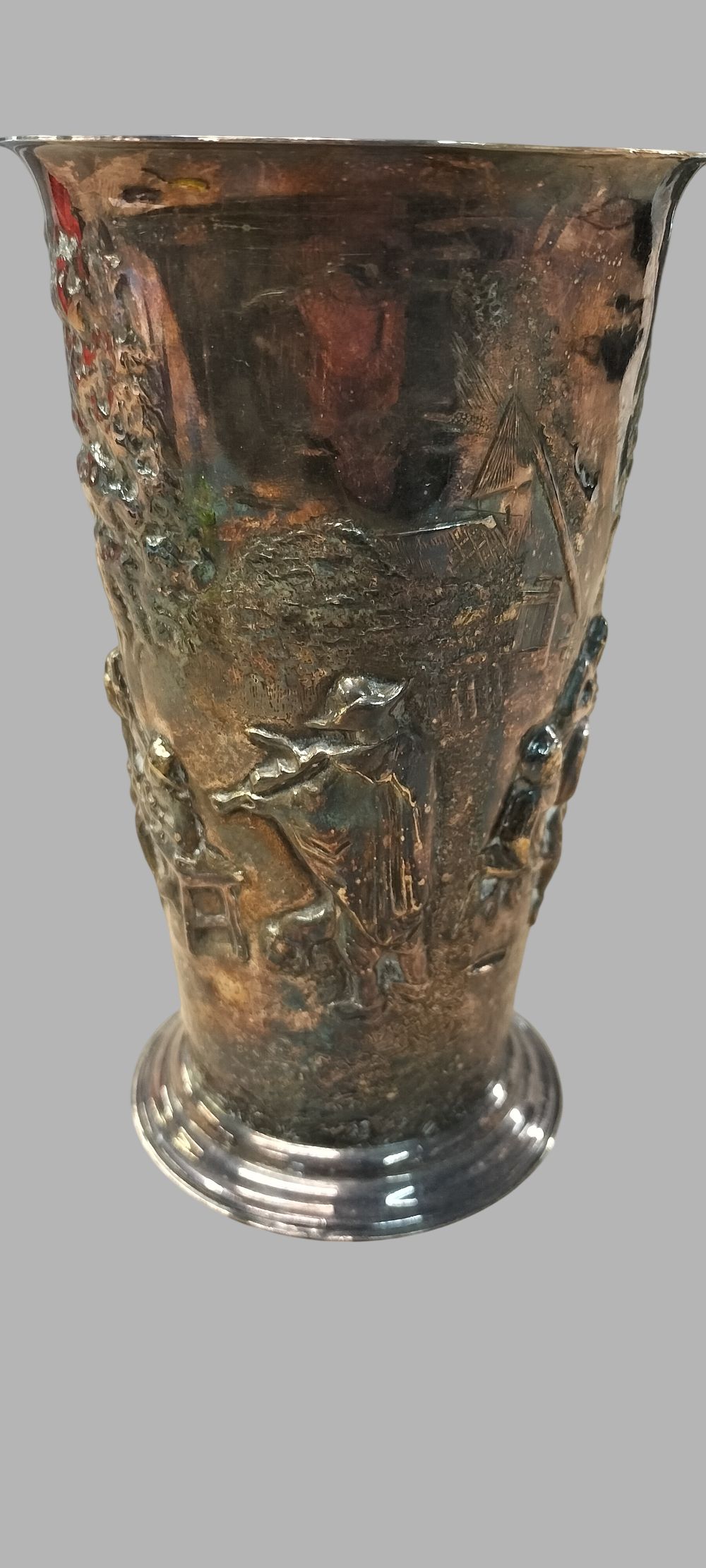 Lot 375: JS Denmark Silver-Plated High-Relief Tavern Scene Beaker