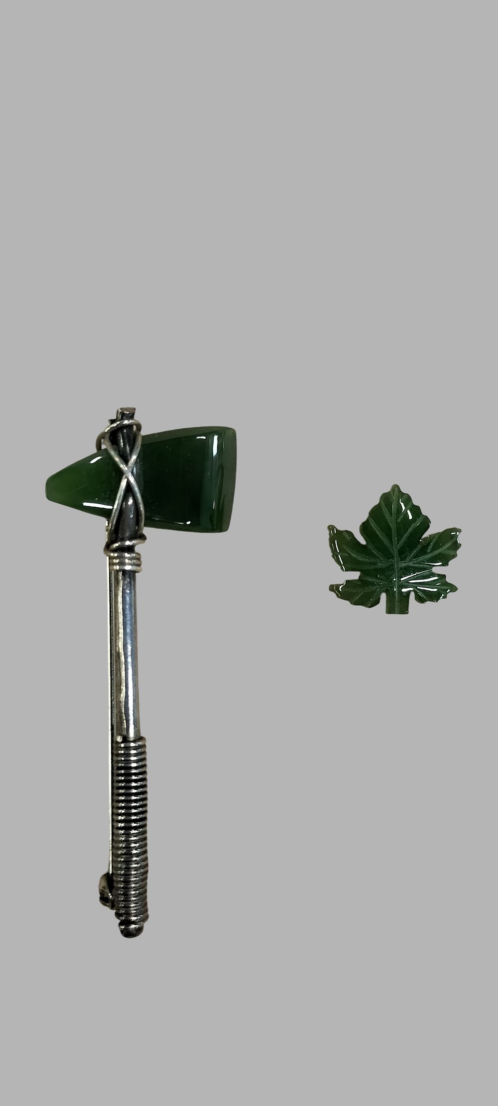 Lot 399: ACM Sterling Silver and Jade Greenstone Tomahawk Brooch and Carved Jade Leaf