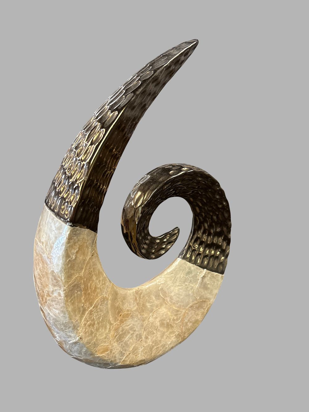 Lot 416: A Contemporary Patinated Metal and Shell Inlay Spiral Sculpture