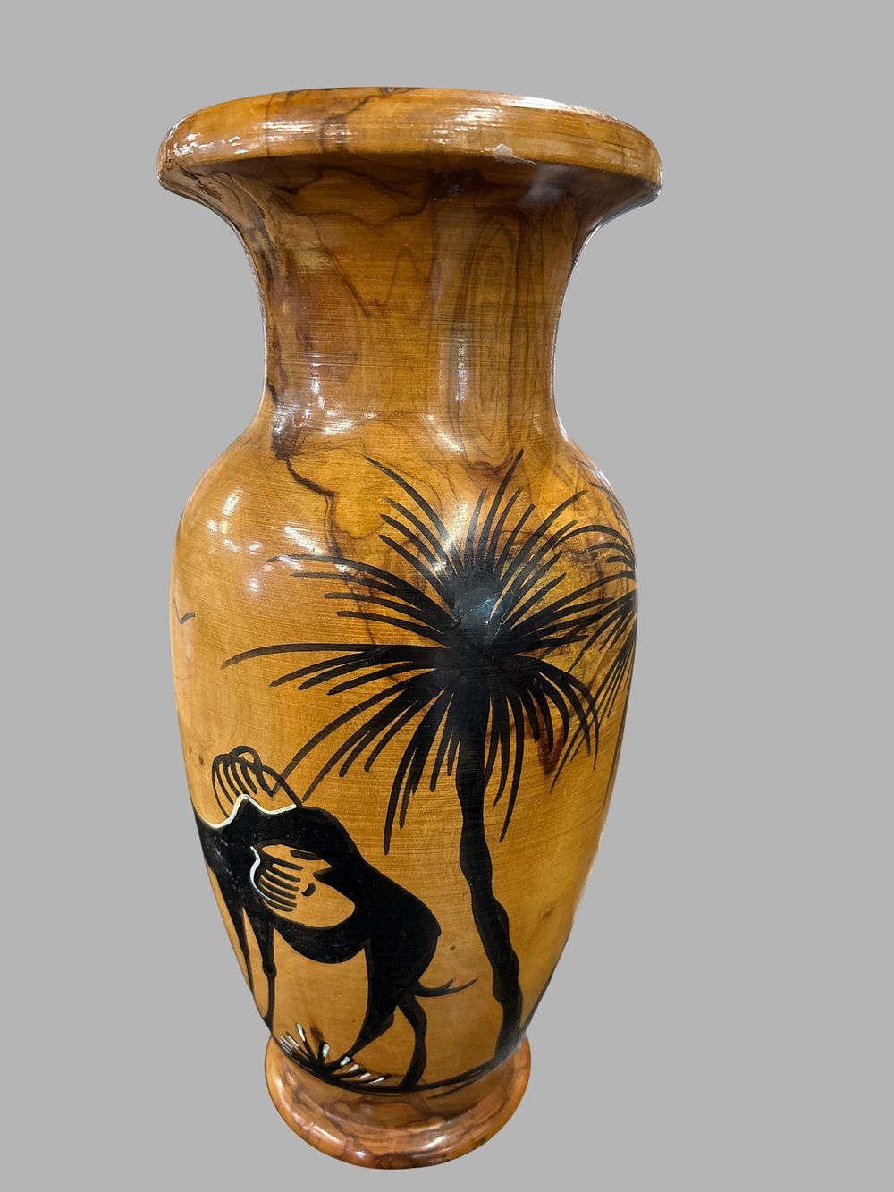 Lot 420: Turned Olive Wood Baluster Vase with Hand Painted Silhouette Decoration