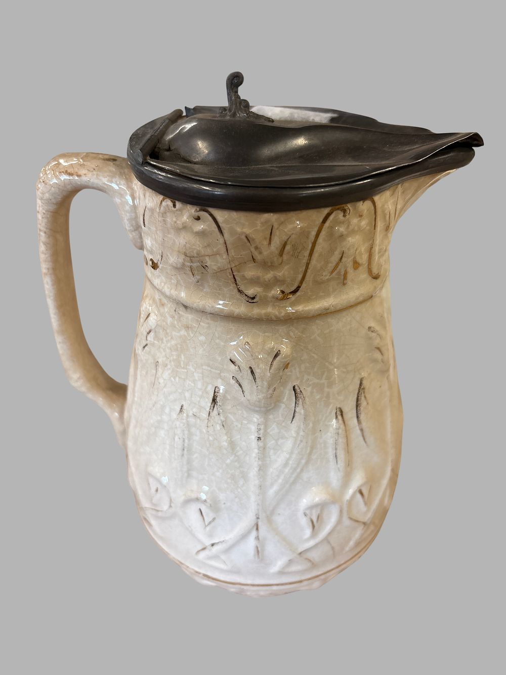 Lot 421: Victorian Relief-Molded Earthenware Jug with Hinged Metal Lid