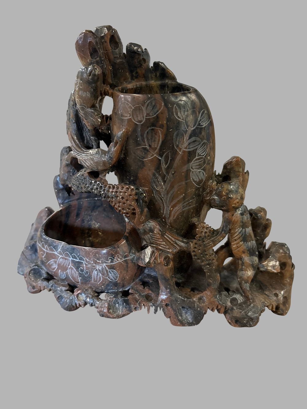 Lot 433: Chinese Carved Mottled Soapstone Landscape Spill Vase and Brush Pot