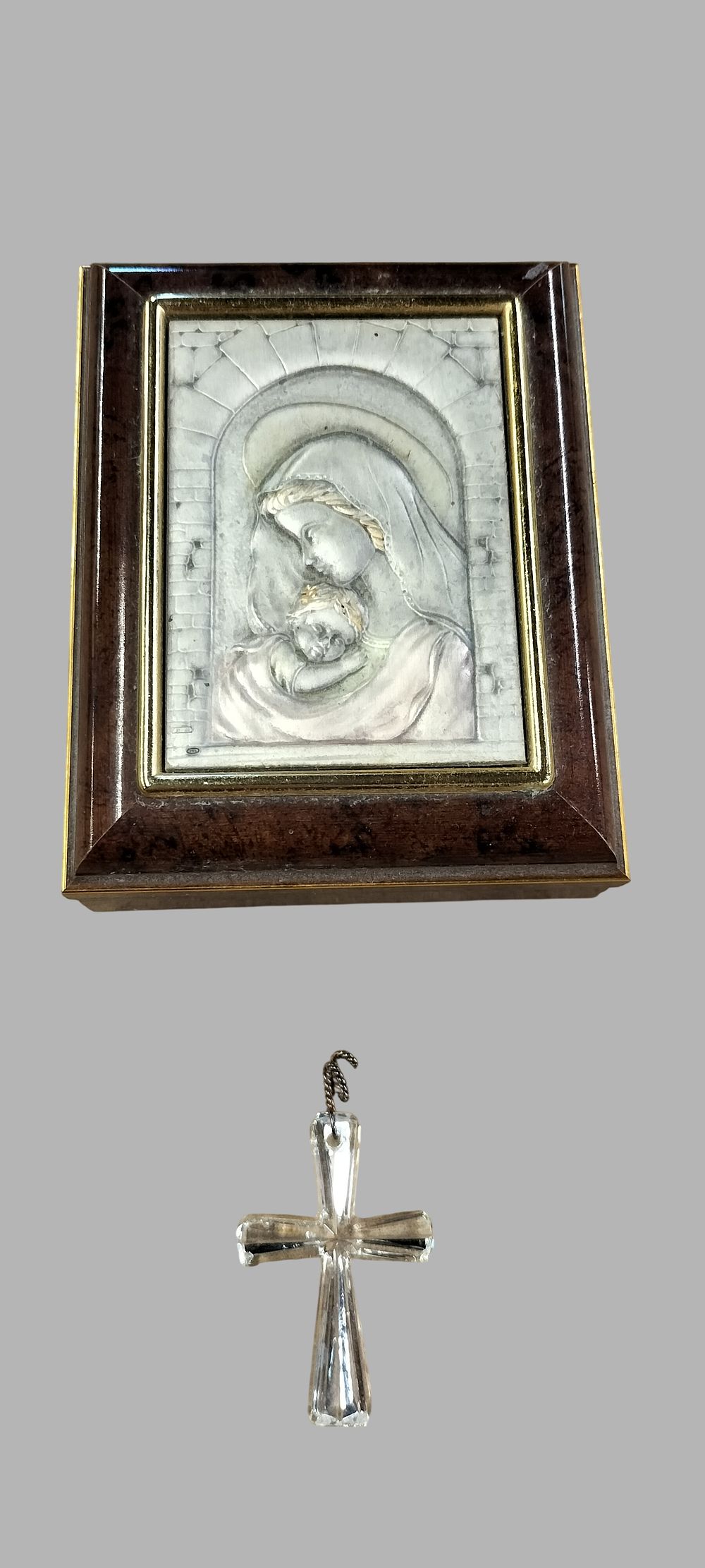 Lot 454: Two Items: LAL, Madonna and Child, Silver Tone Plaque and a Crystal Cross