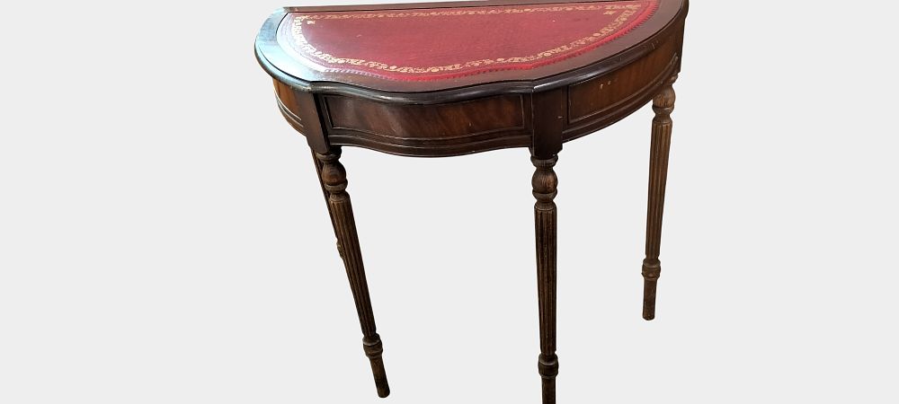 Lot 498: Mahogany-Stained Regency Style Demi-Lune Console Table with Tooled Leather Top