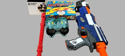 An Assortment of Five Toys and Games including a Nerf N-Strike Elite Alpha Trooper CS-12 Blaster