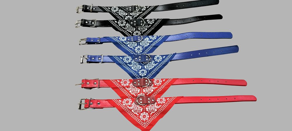 Lot 208: A Collection of Six Synthetic Leather-Look Pet Bandana Collars in Assorted Colours
