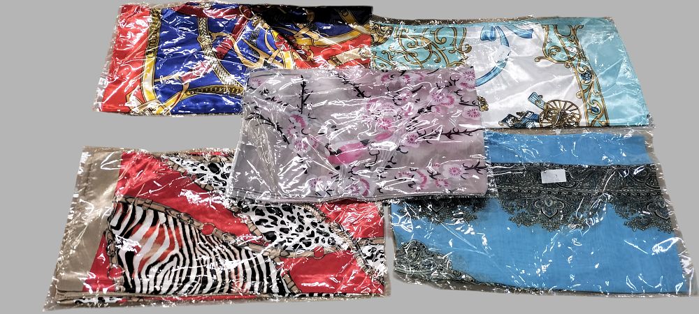 Lot 209: Five Assorted Satin-Finish Square Fashion Scarves