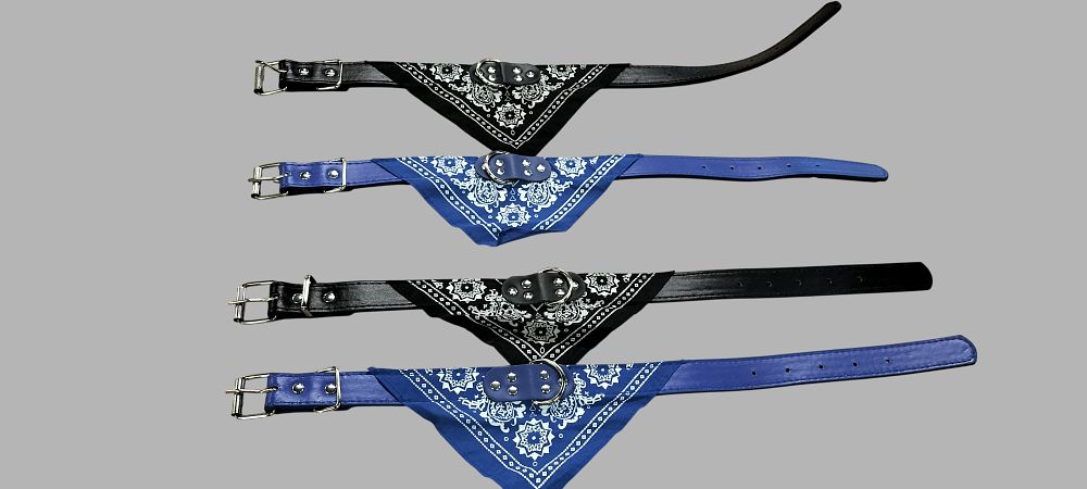 Lot 220: A Set of Four Adjustable Pet Collars with Paisley Pattern Bandanas