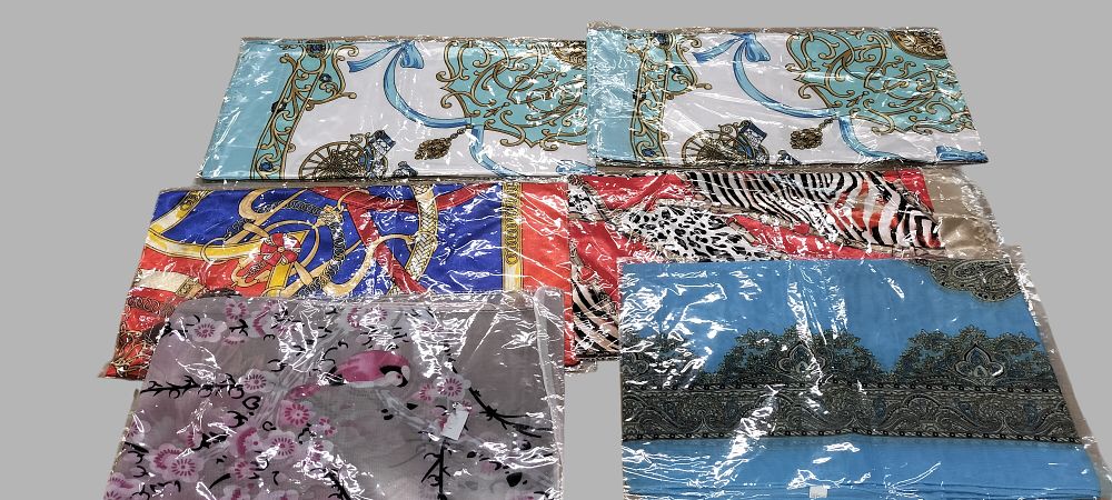 Lot 221: A Collection of Six Large Satin Square Fashion Scarves with Various Classical and Floral Designs