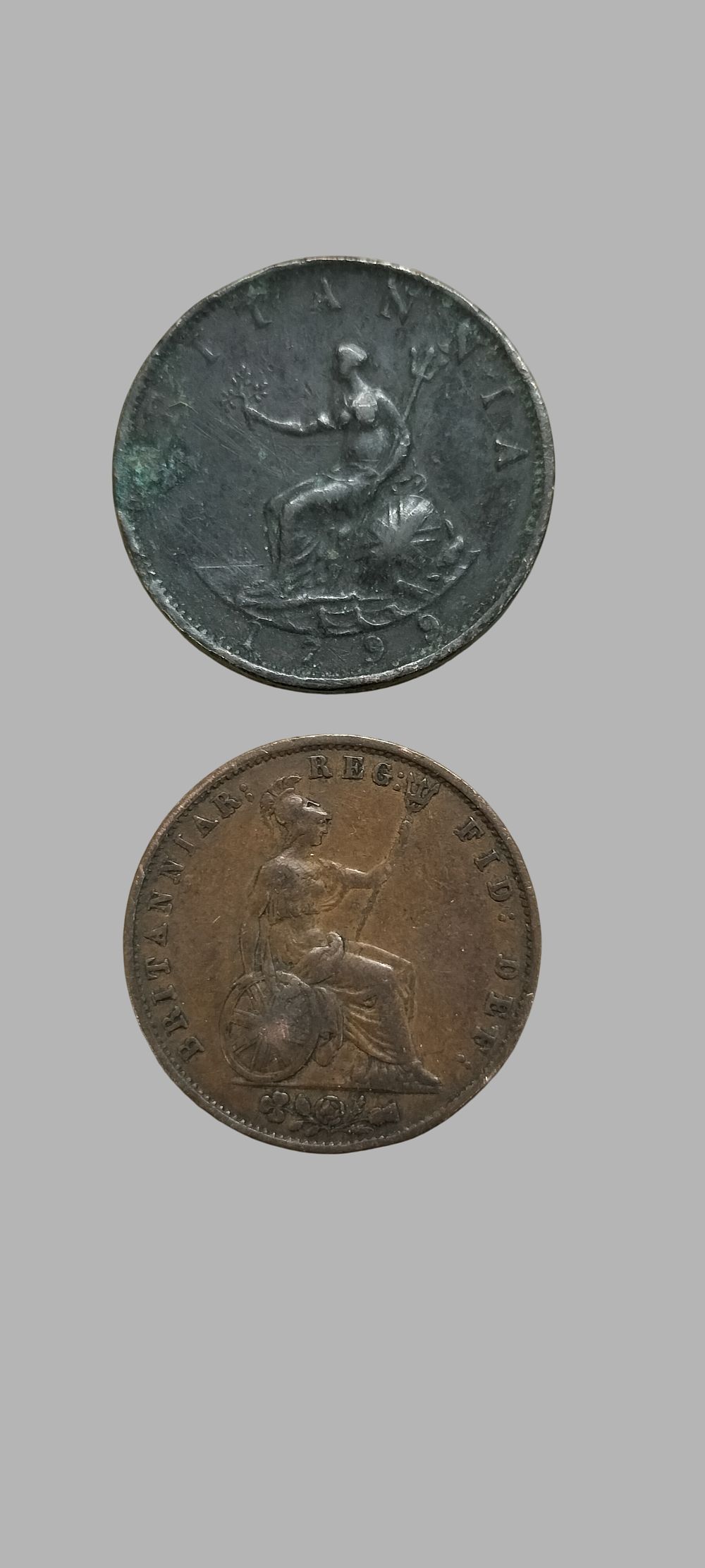 Lot 232: A Pair of UK Copper Coins: George III 1799 Halfpenny and Victoria 1848 Penny