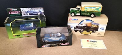 Three Corgi Classics Die-Cast Model Vehicles including Lovejoy Morris Minor and Limited Edition 