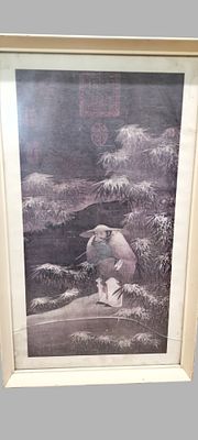 Framed Chinese Winter Landscape Print of a Traveler in a Snowy Bamboo Grove