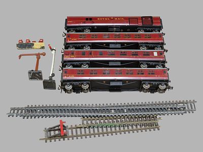 A Collection of Hornby O Gauge LMS Maroon Passenger and Royal Mail Rolling Stock with Track and 