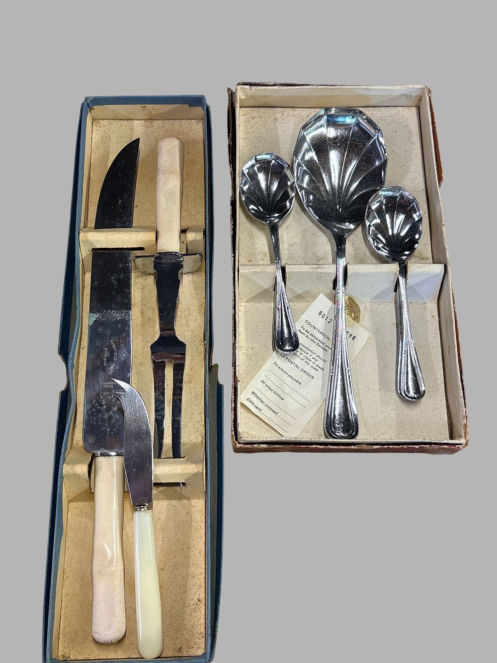 Lot 168: Two Vintage Boxed English Cutlery Sets Including Sheffield Stainless Steel and Silver Plated Fruit Spoons