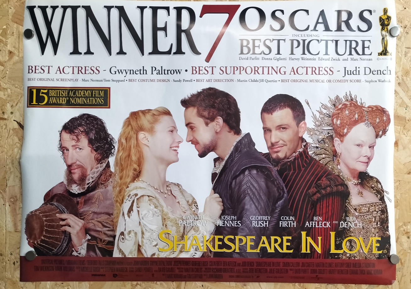 Shakespeare in Love Original UK Quad Cinema Poster Winner 7 Oscars Awards Version 1998