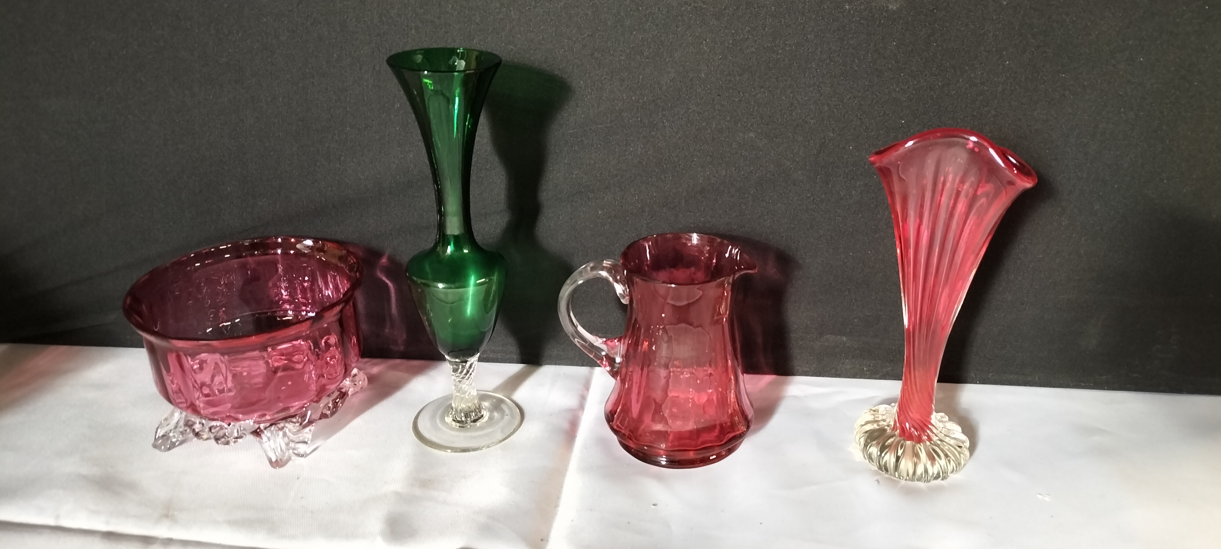 4 Coloured Art Glass Items including Cranberry and Emerald Glass