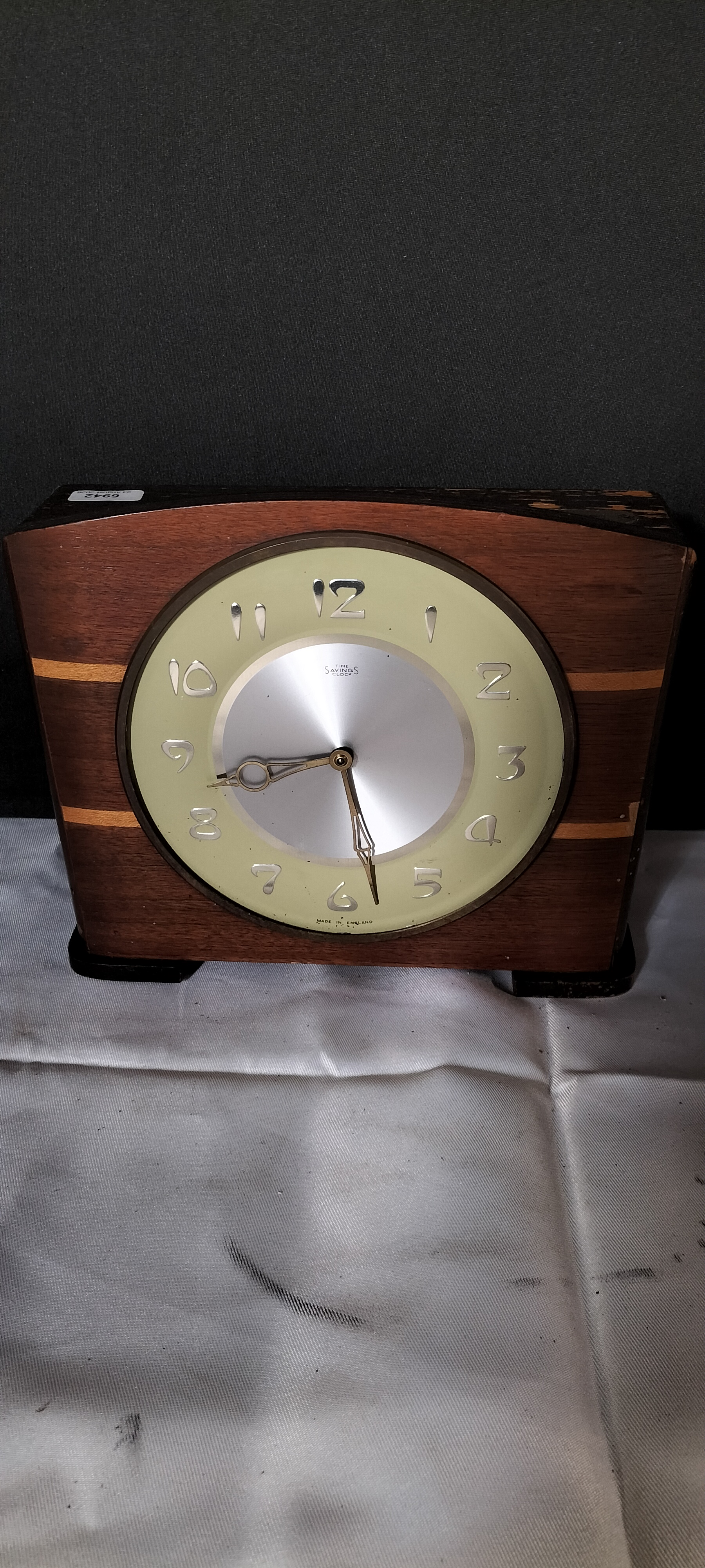 A Time Savings Clock Art Deco Style Wooden Mantel Clock and Money Box