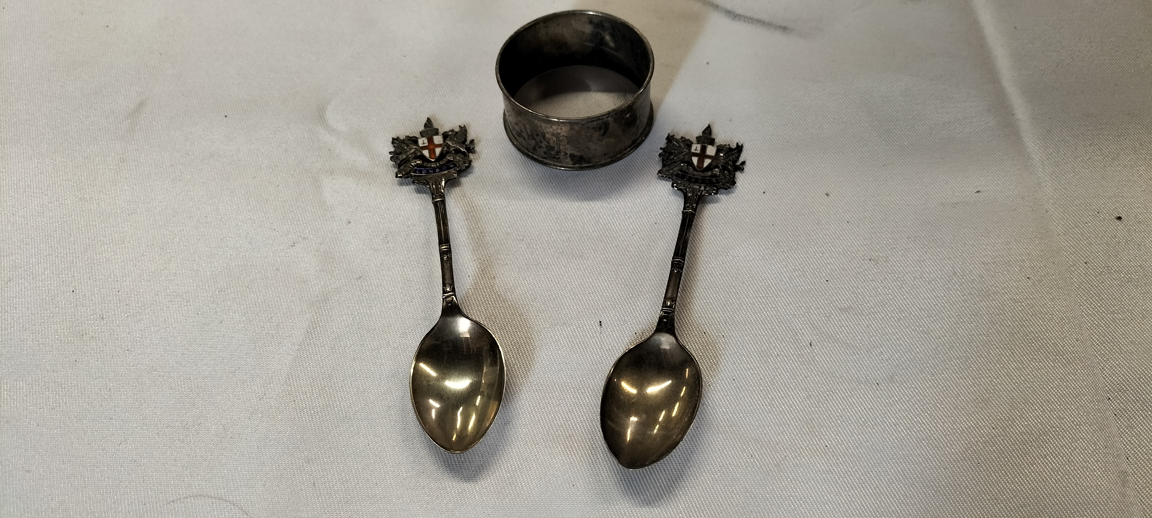 3 Sterling Silver Souvenir Spoons and Napkin Ring Marked T & S and M & B