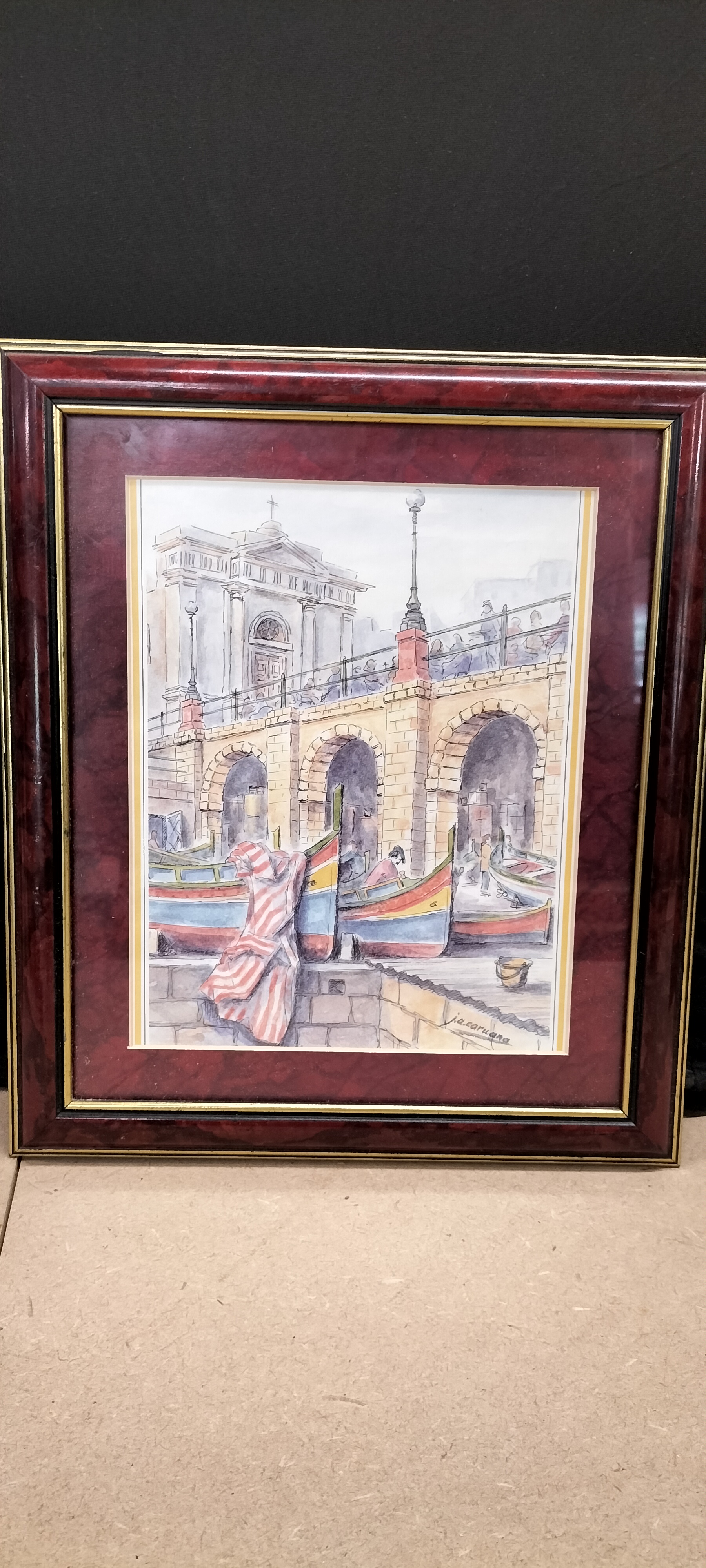 j.a.caruana, A Framed Watercolour and Pen Drawing of Maltese Harbour