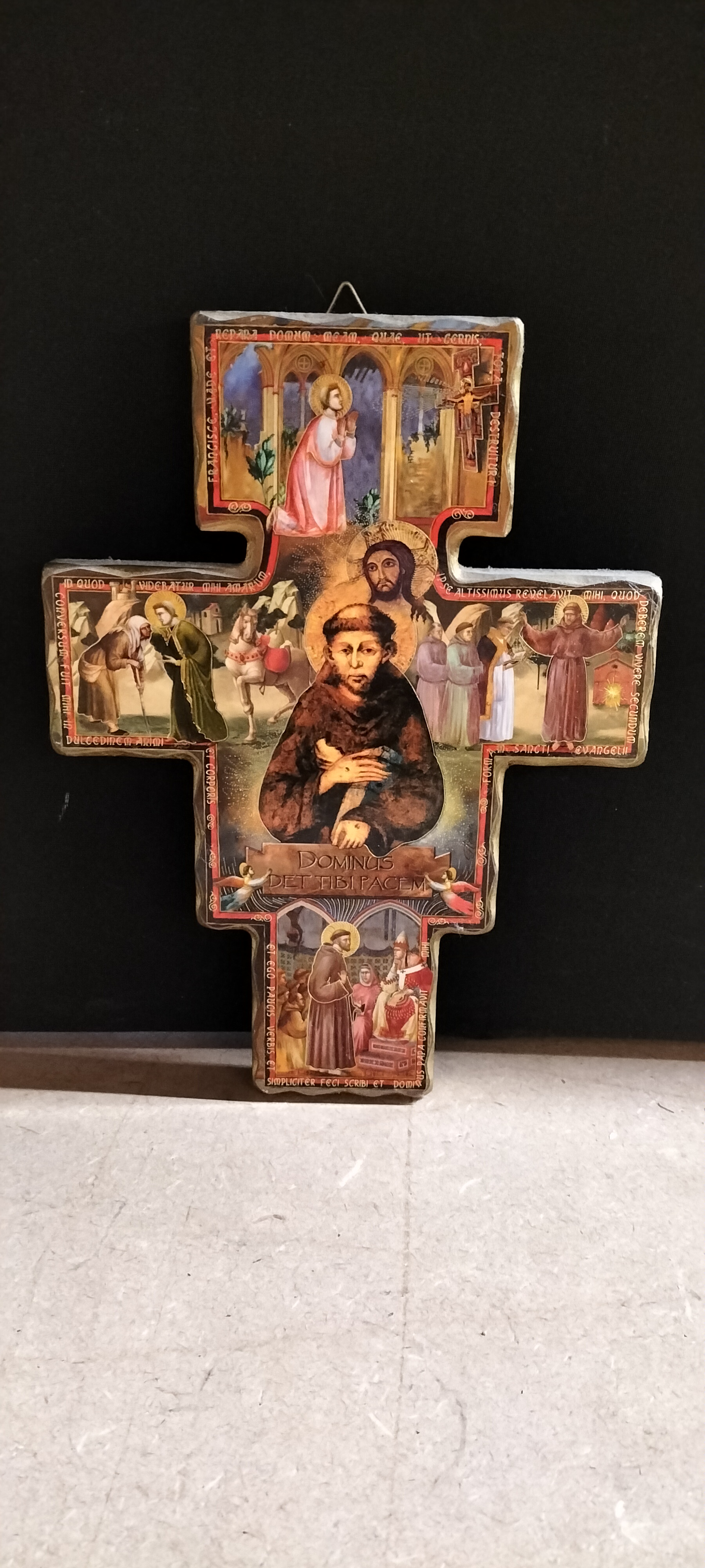 An Italian Wood Composite St. Francis of Assisi San Damiano Style Hanging Cross