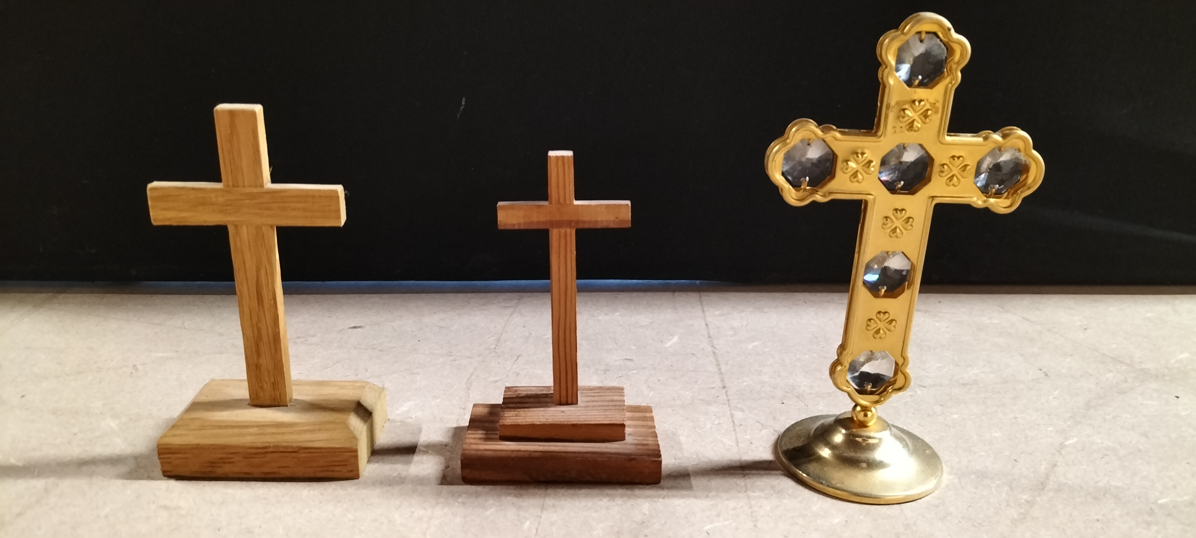 3 Wooden and Gold Toned Metal Standing Crosses Including Roy Snape Example