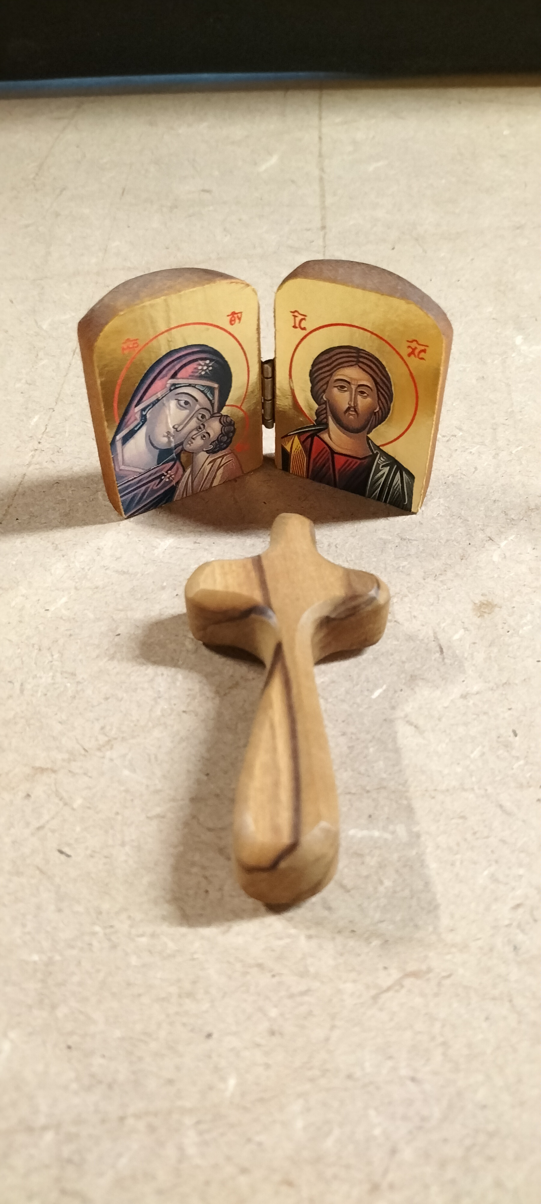 2 Miniature Orthodox Style Olive Wood Devotional Items Including Diptych and Palm Cross