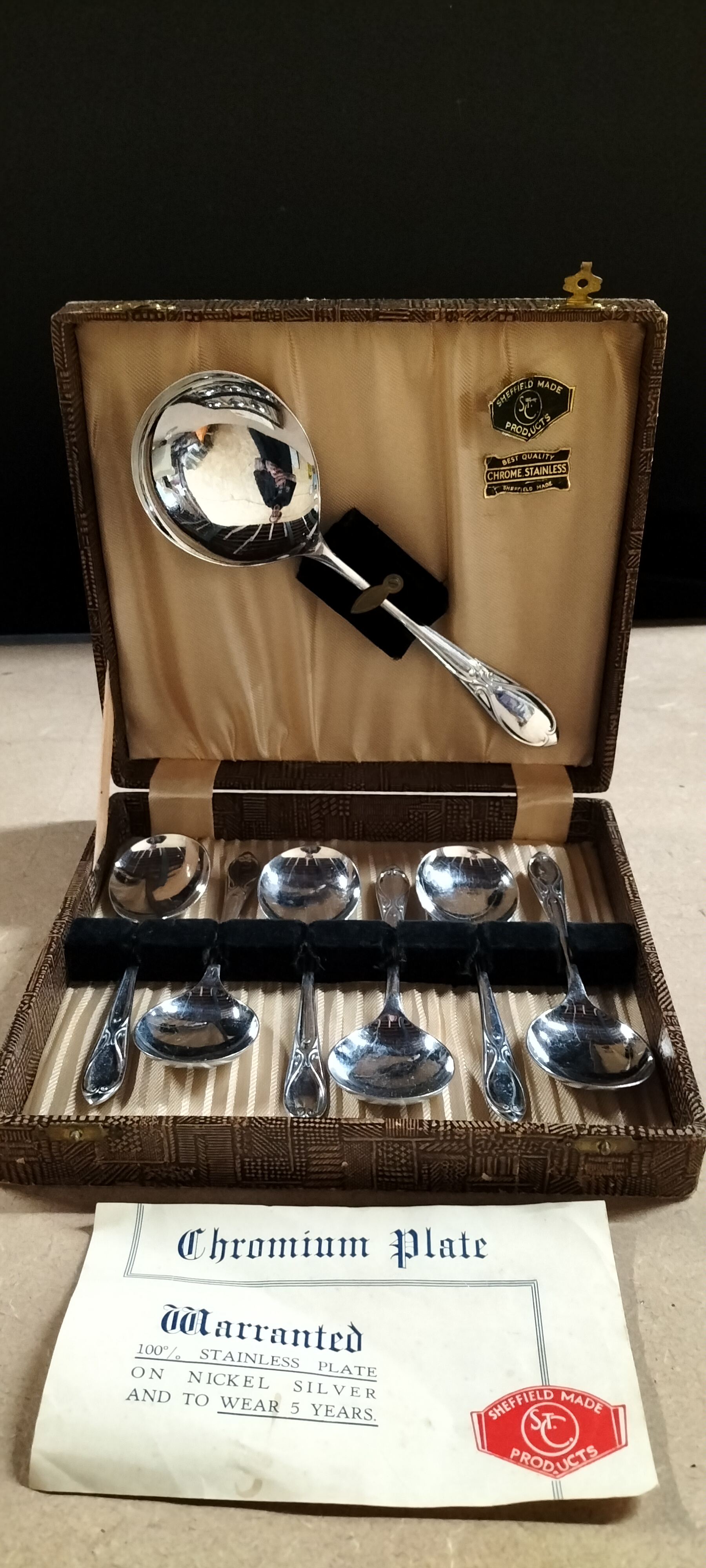 A Set of 7 S.T.C. Products St. Clair Pattern Chromium Plated Nickel Silver Dessert Spoons