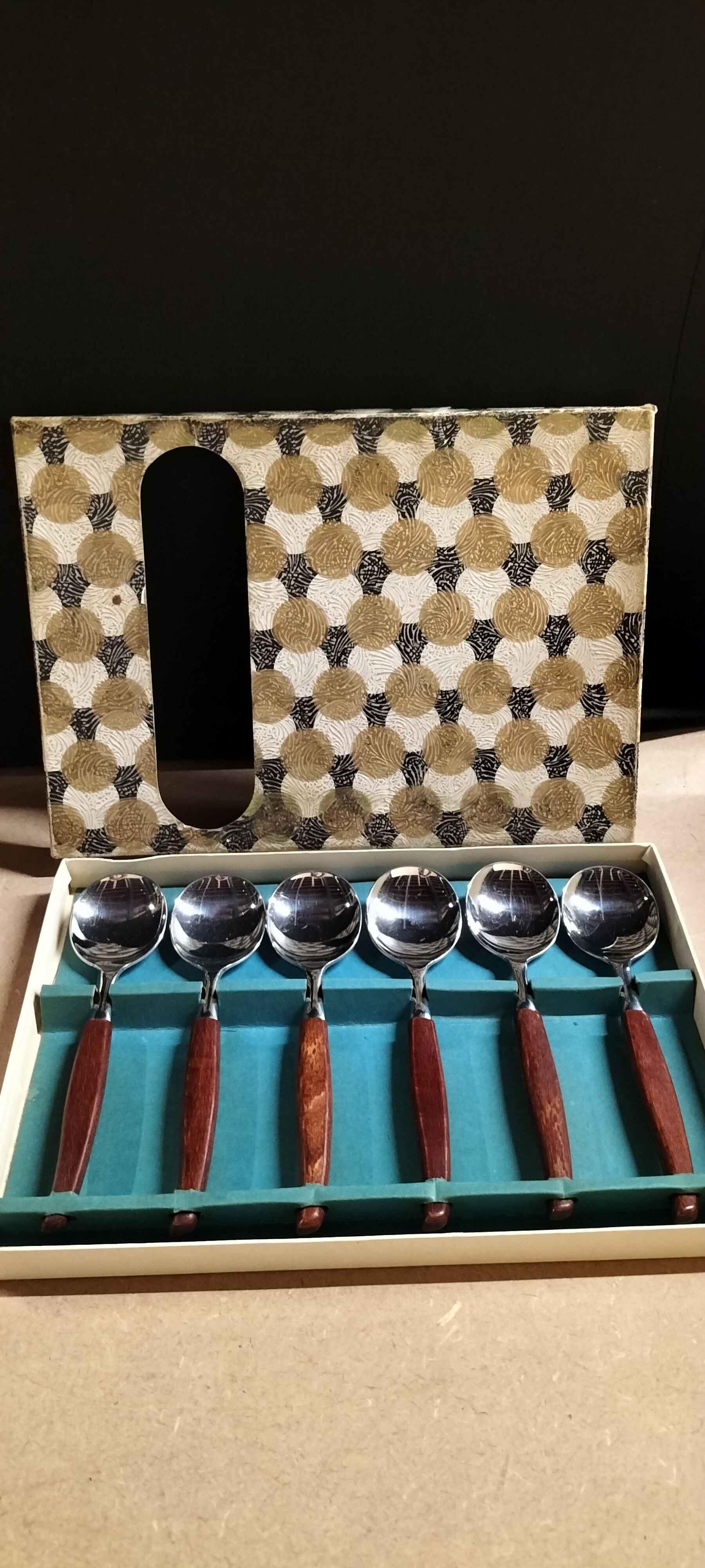 6 Vintage Stainless Steel and Wood Handled Spoons in Presentation Box
