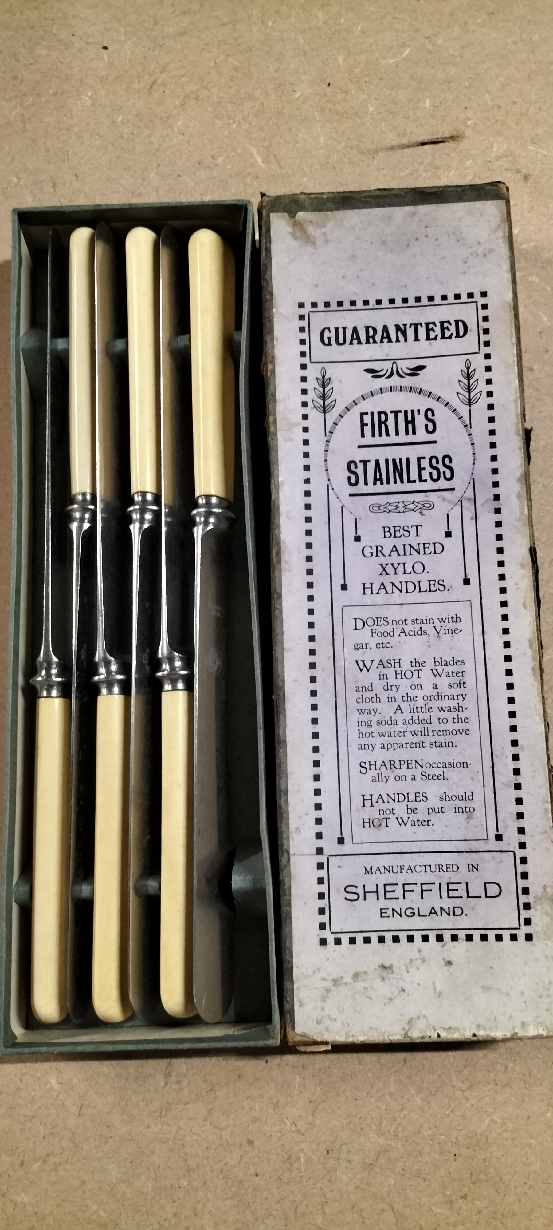 6 Vintage Firth's Stainless Sheffield Steel Xylo Handled Knives