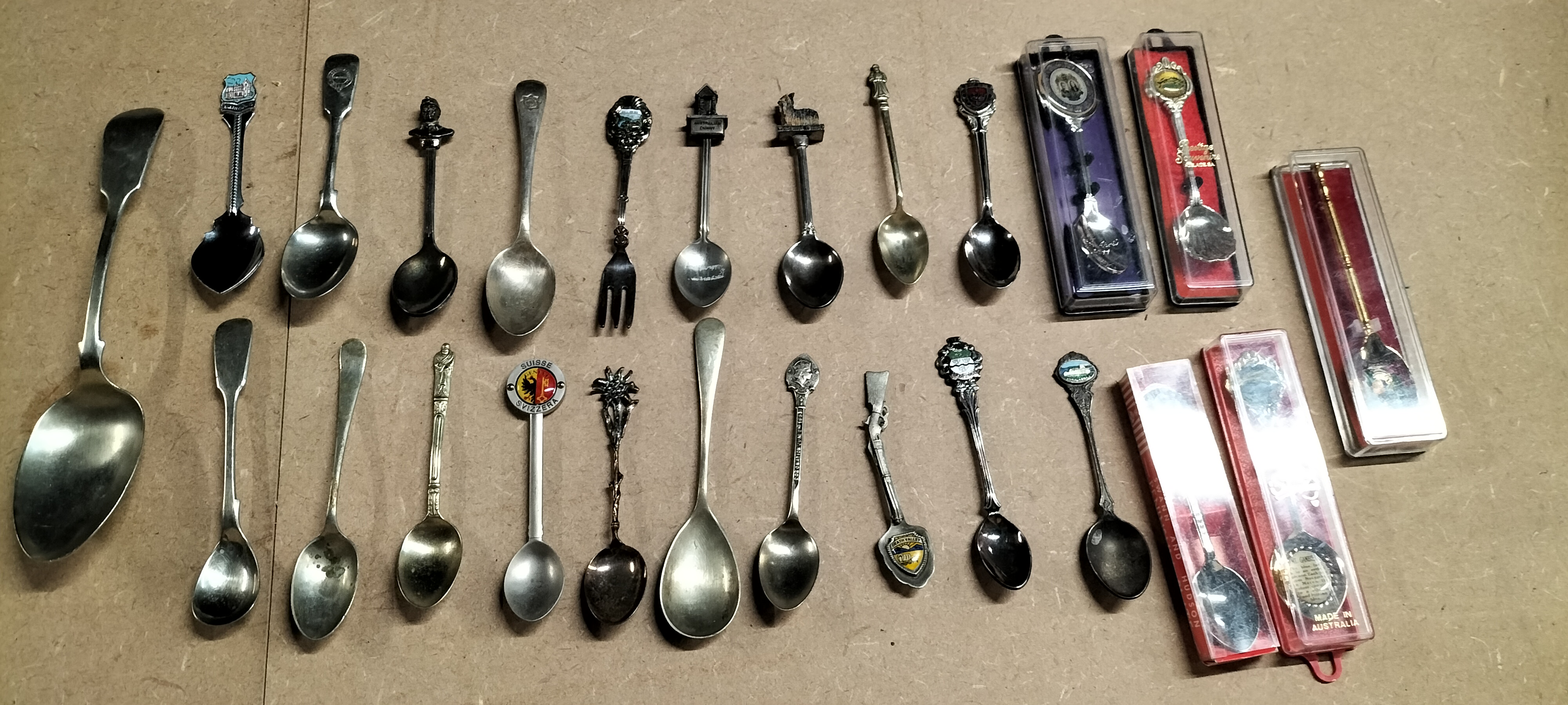 A Collection of Approximately 24 Vintage Silver Plated and Base Metal Souvenir Spoons