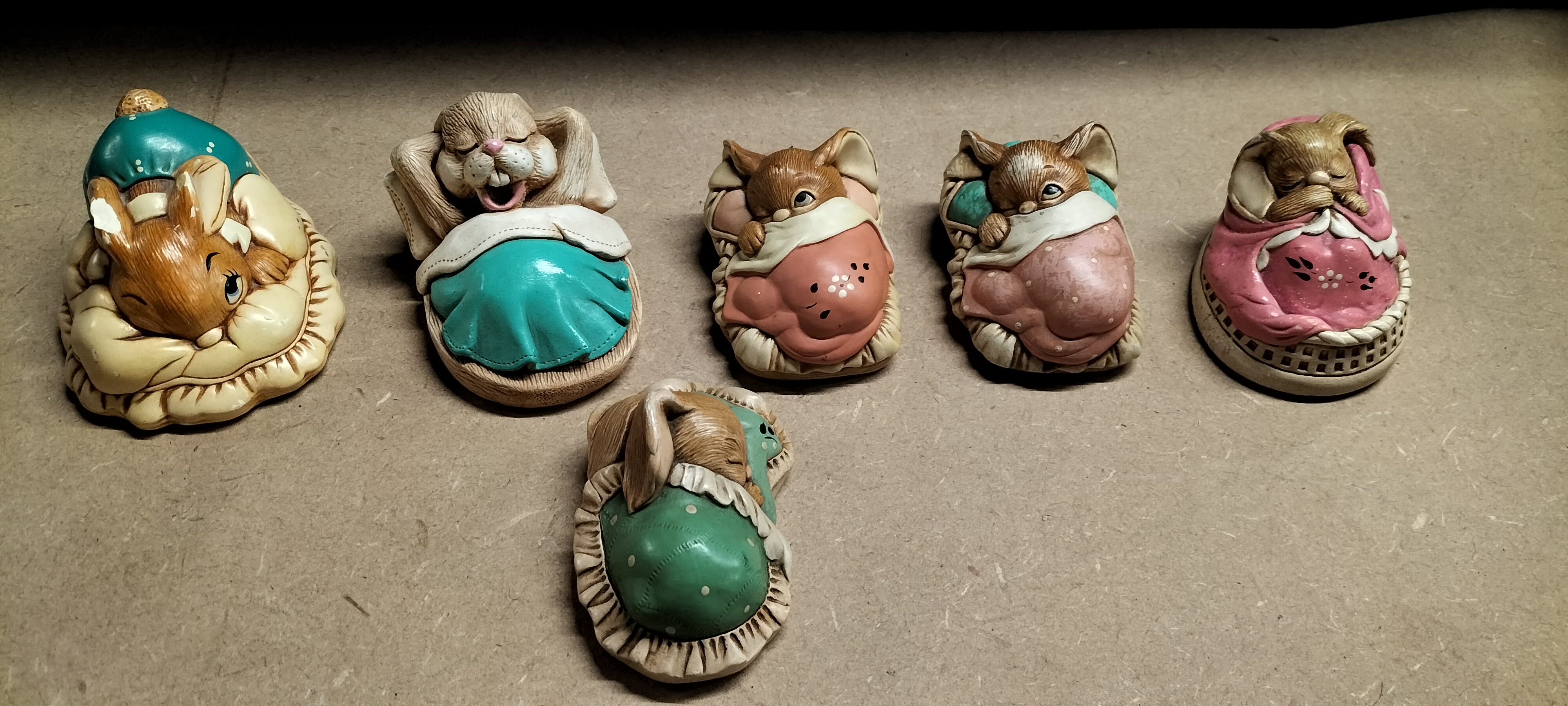 6 Vintage Pendelfin and Moorcraft Hand Painted Stonecraft Rabbit Figurines including Dodger and Twinkie