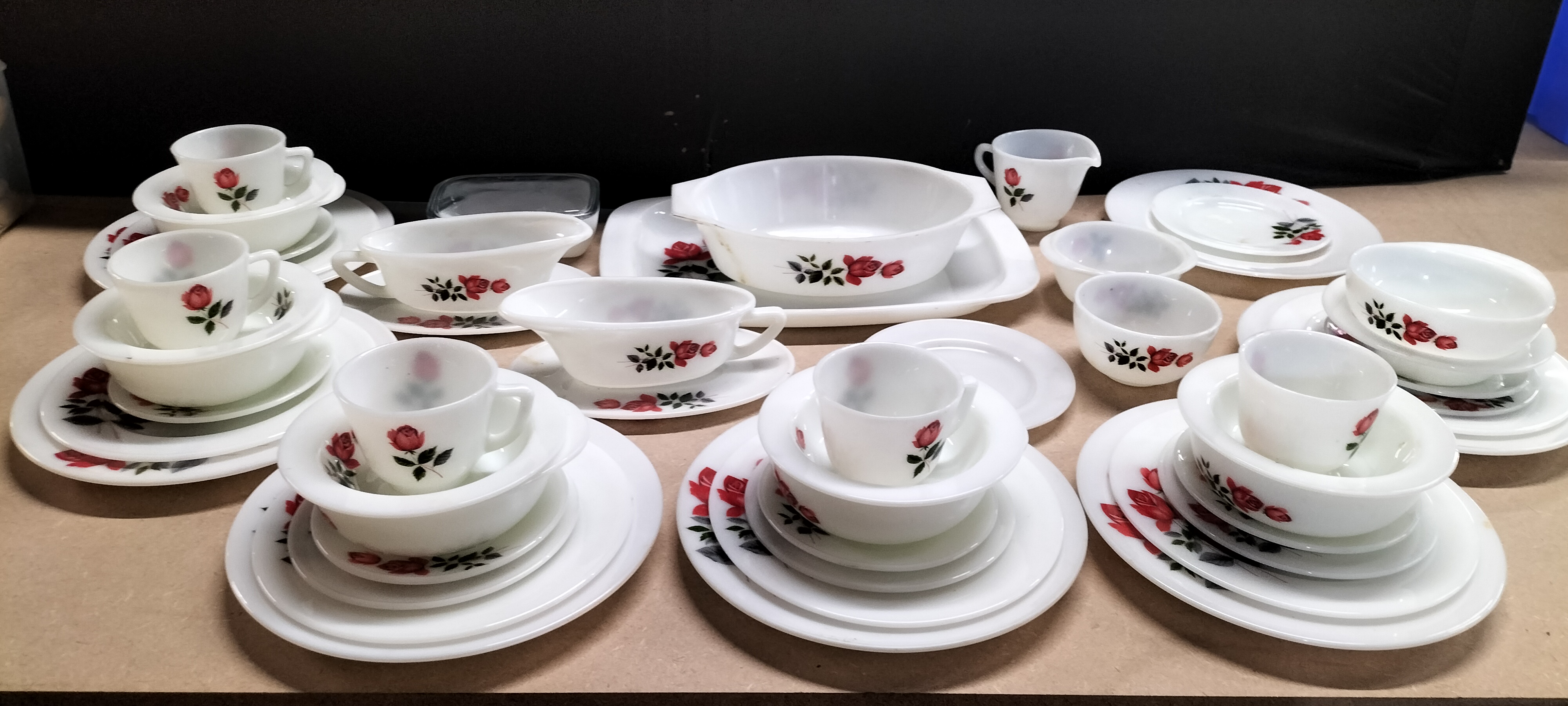 A Collection of Approximately 40 English Opal Glass Tableware Items with Rose Decoration