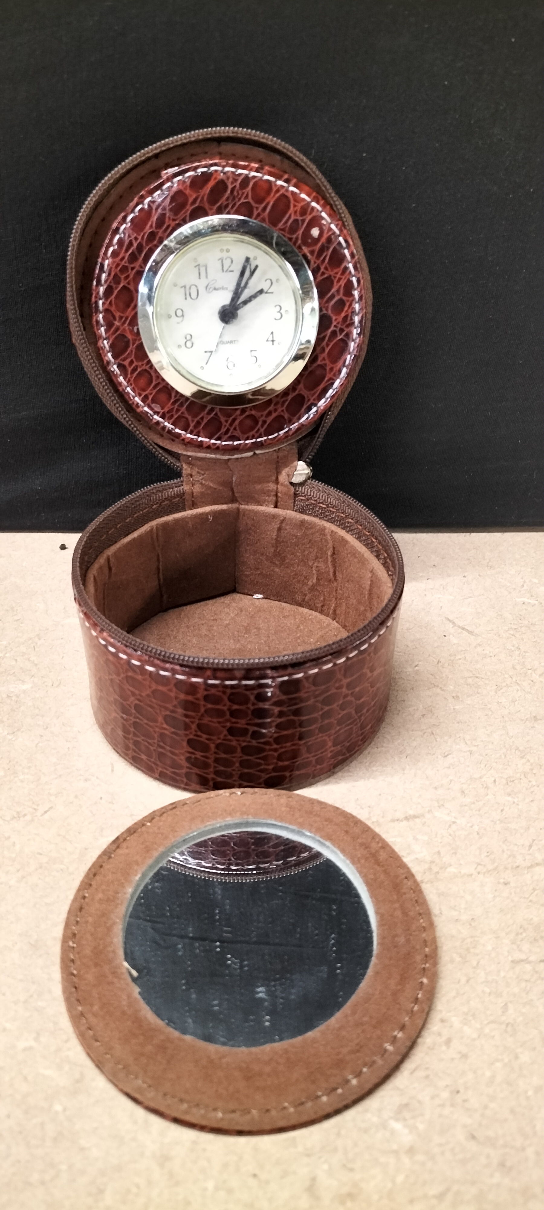 A Single Faux-Crocodile Patterned Charles Leman Synthetic Travel Jewellery Case and Mirror