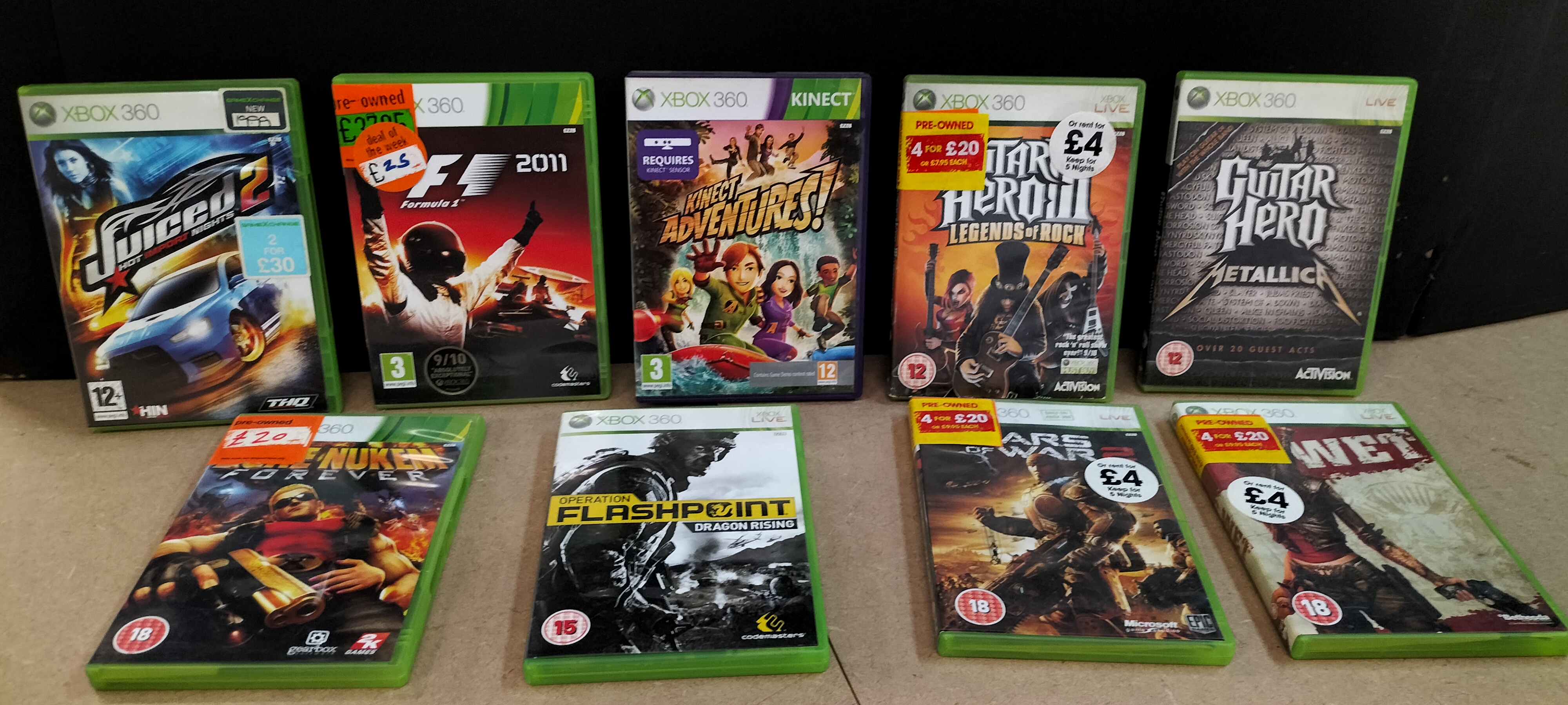 A Collection of 9 PAL Xbox 360 Video Games Including Juiced 2 and F1 2011
