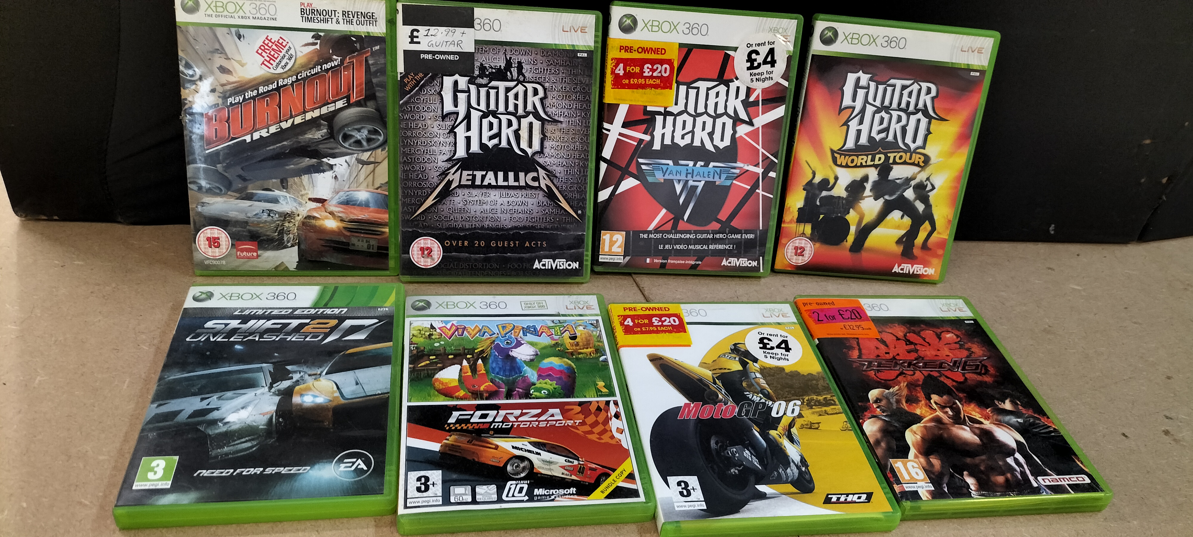 8 Microsoft Xbox 360 Video Games including Activision Guitar Hero Titles
