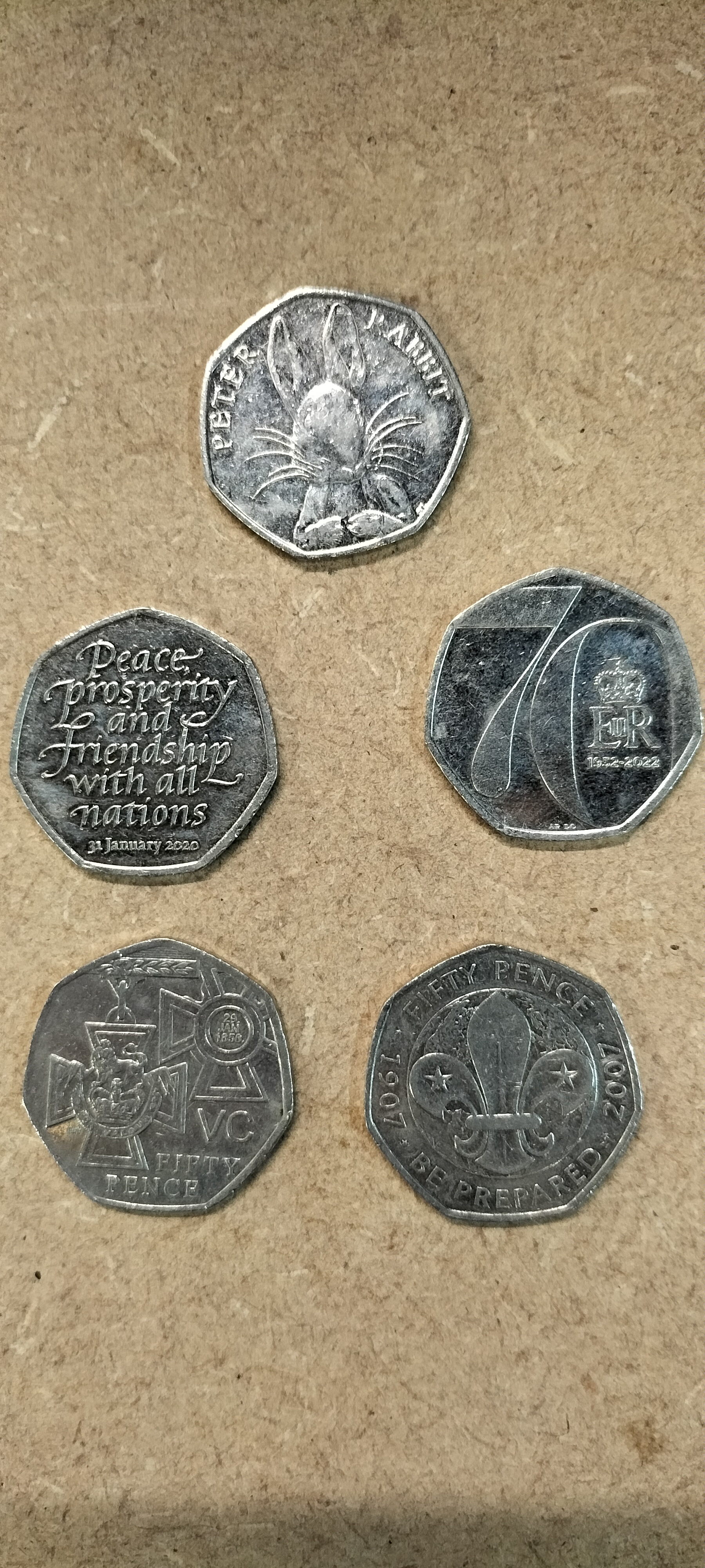 5 Circulated UK Cupro-Nickel Commemorative 50 Pence Coins, 2006-2022
