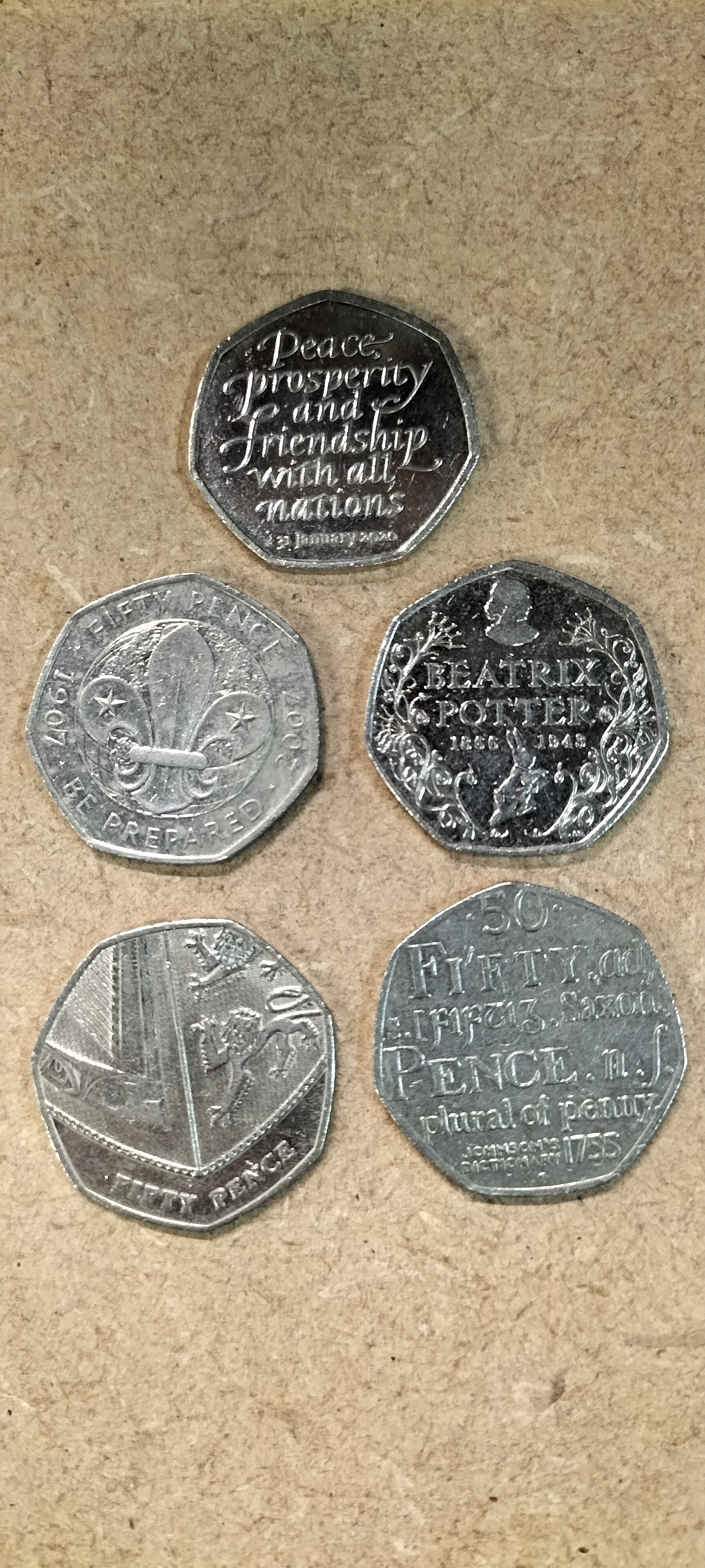 A Collection of 5 UK 2005-2020 Commemorative and Circulation 50 Pence Coins