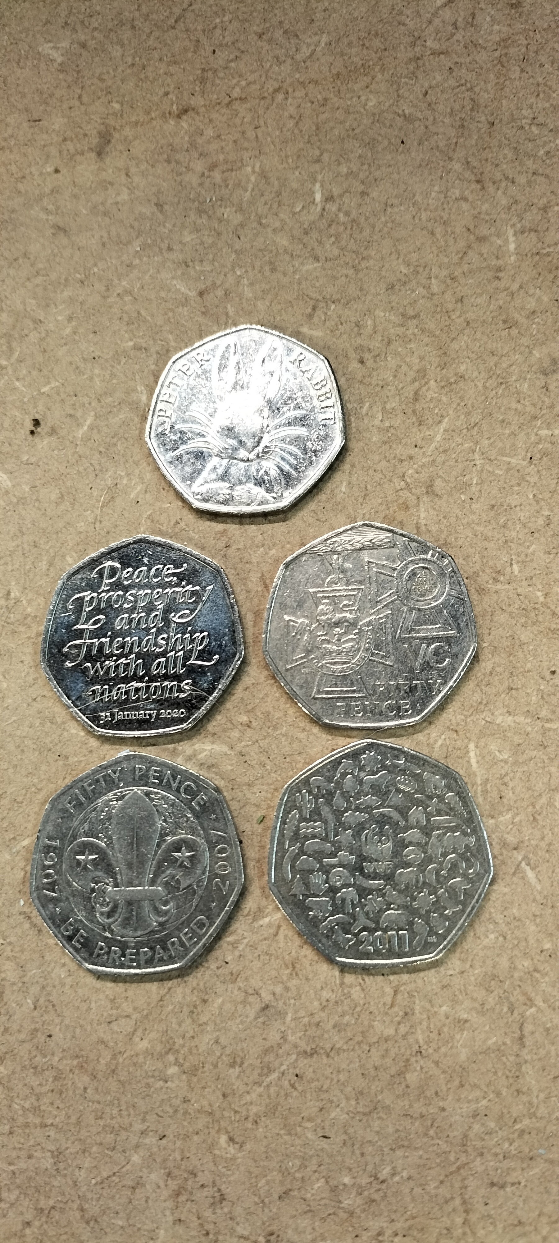 5 Commemorative Cupro-nickel 50 Pence Coins Including 2016 Peter Rabbit and 2011 WWF