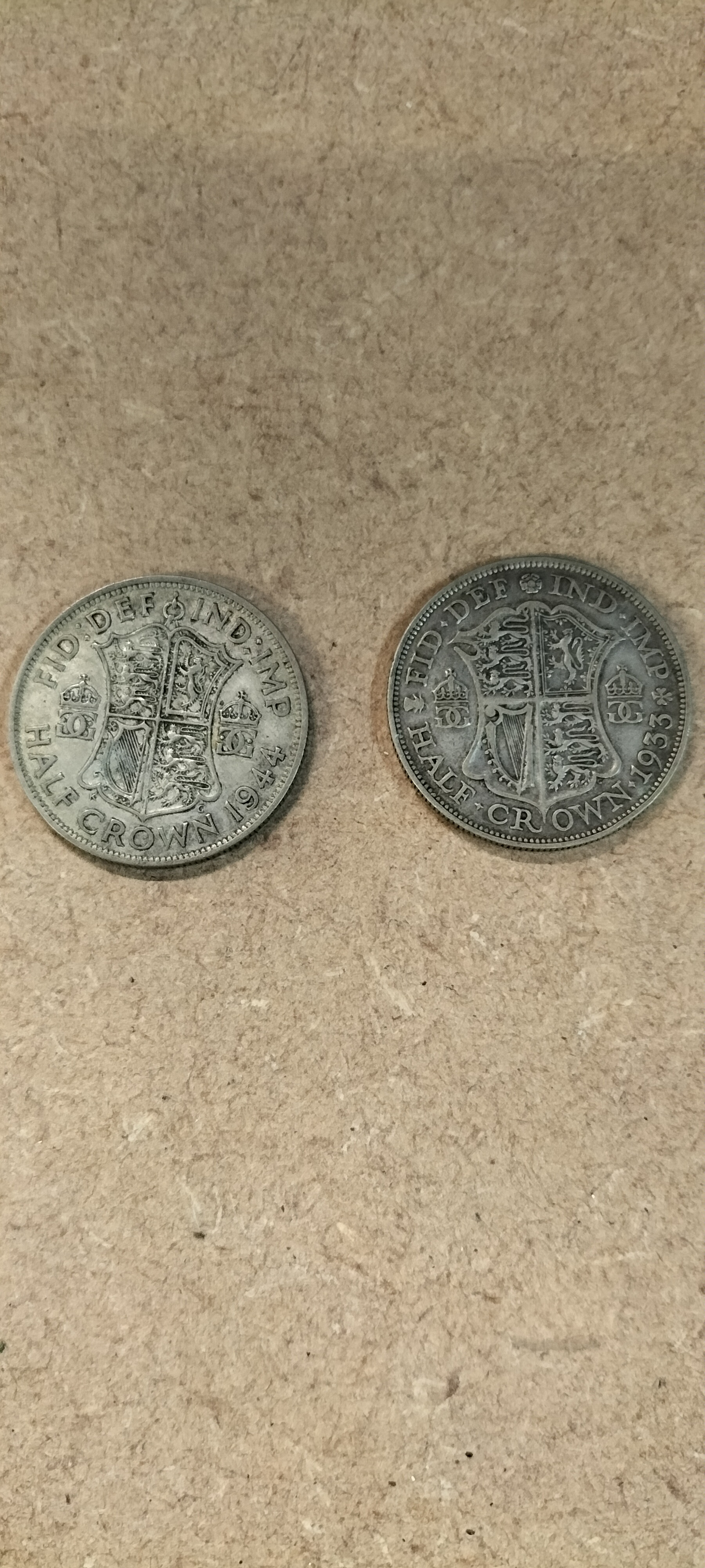 2 Silver George V and George VI Half Crown Coins, 1933 and 1944