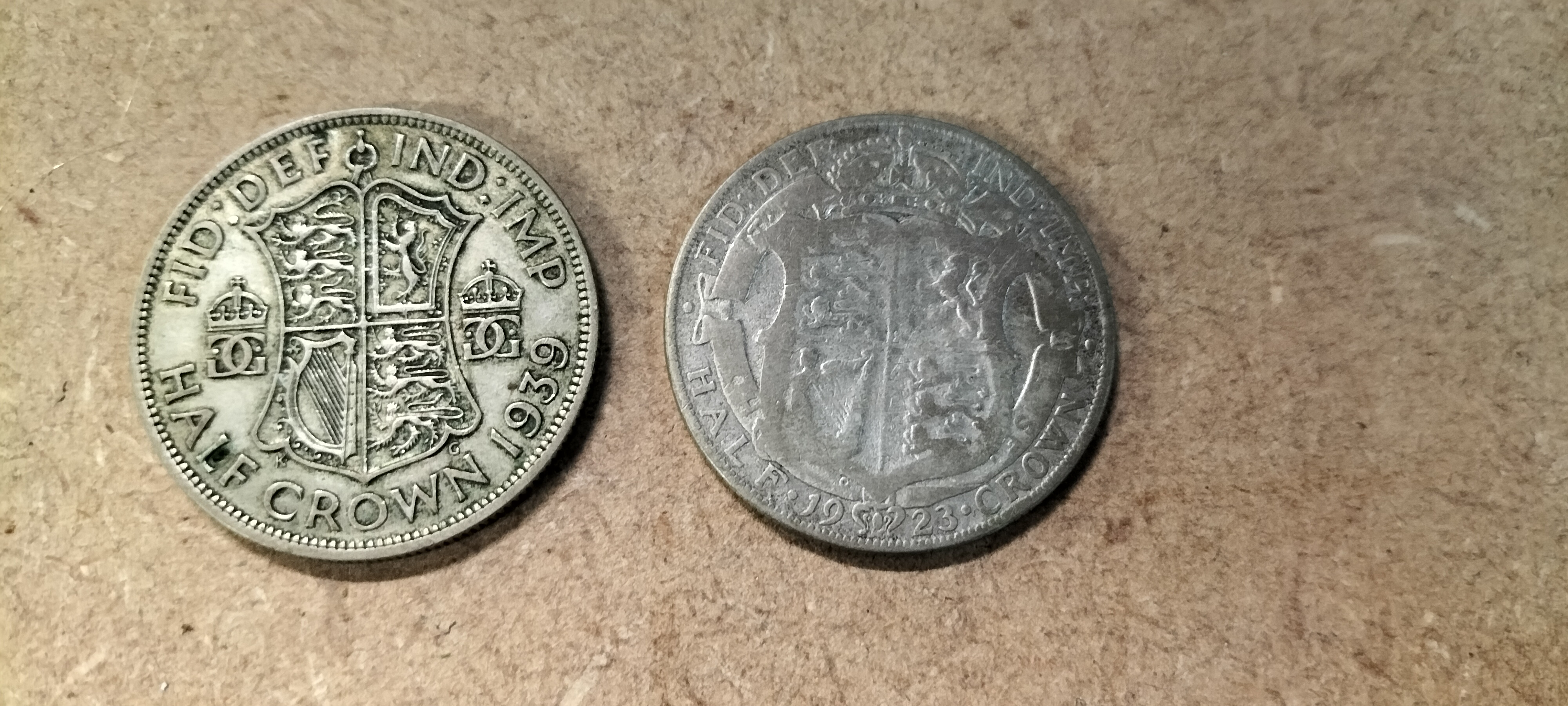 2 UK 0.500 Silver Half Crown Coins, 1923 and 1939