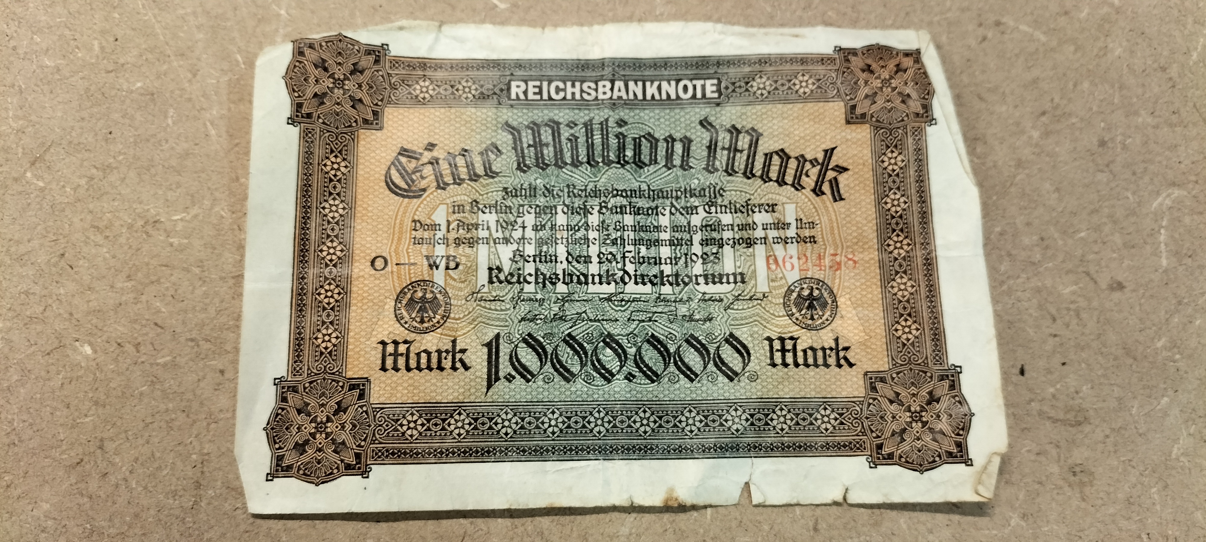 A Single 1923 Reichsbanknote Eine Million Mark German Paper Banknote