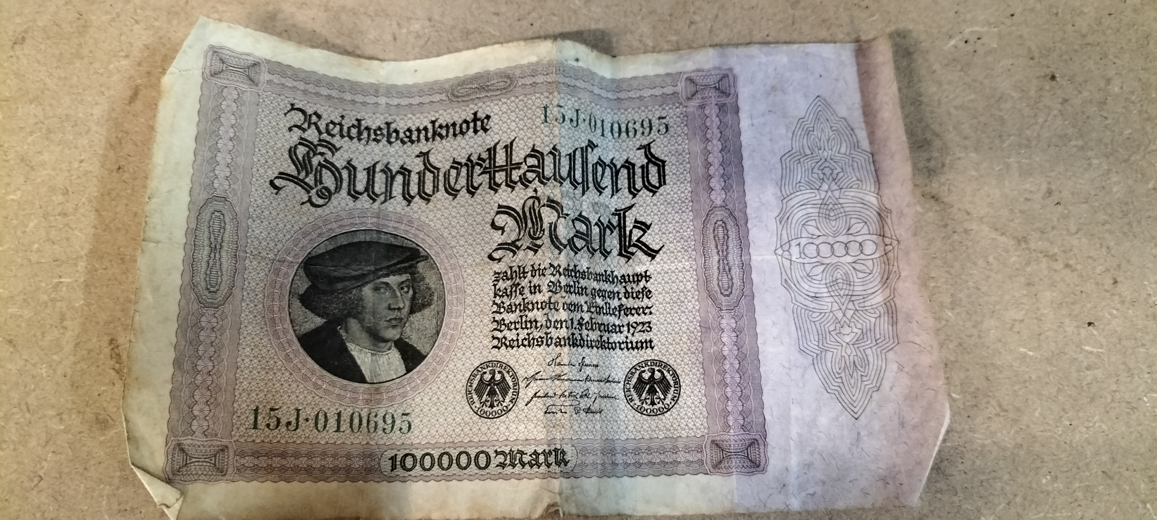 A 100,000 Mark Reichsbanknote Dated 1 February 1923