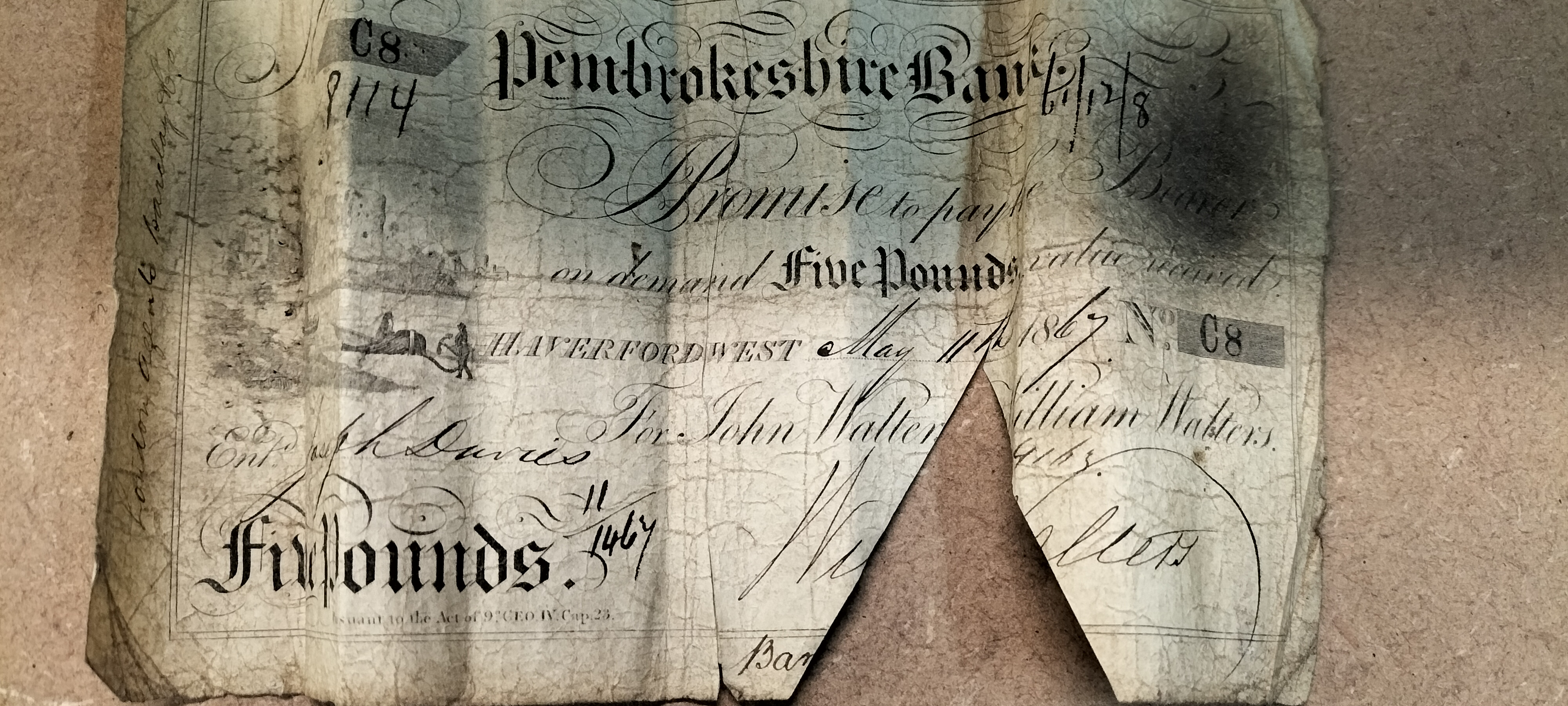 A Pembrokeshire Bank Paper Five Pounds Banknote Dated 11 May 1867