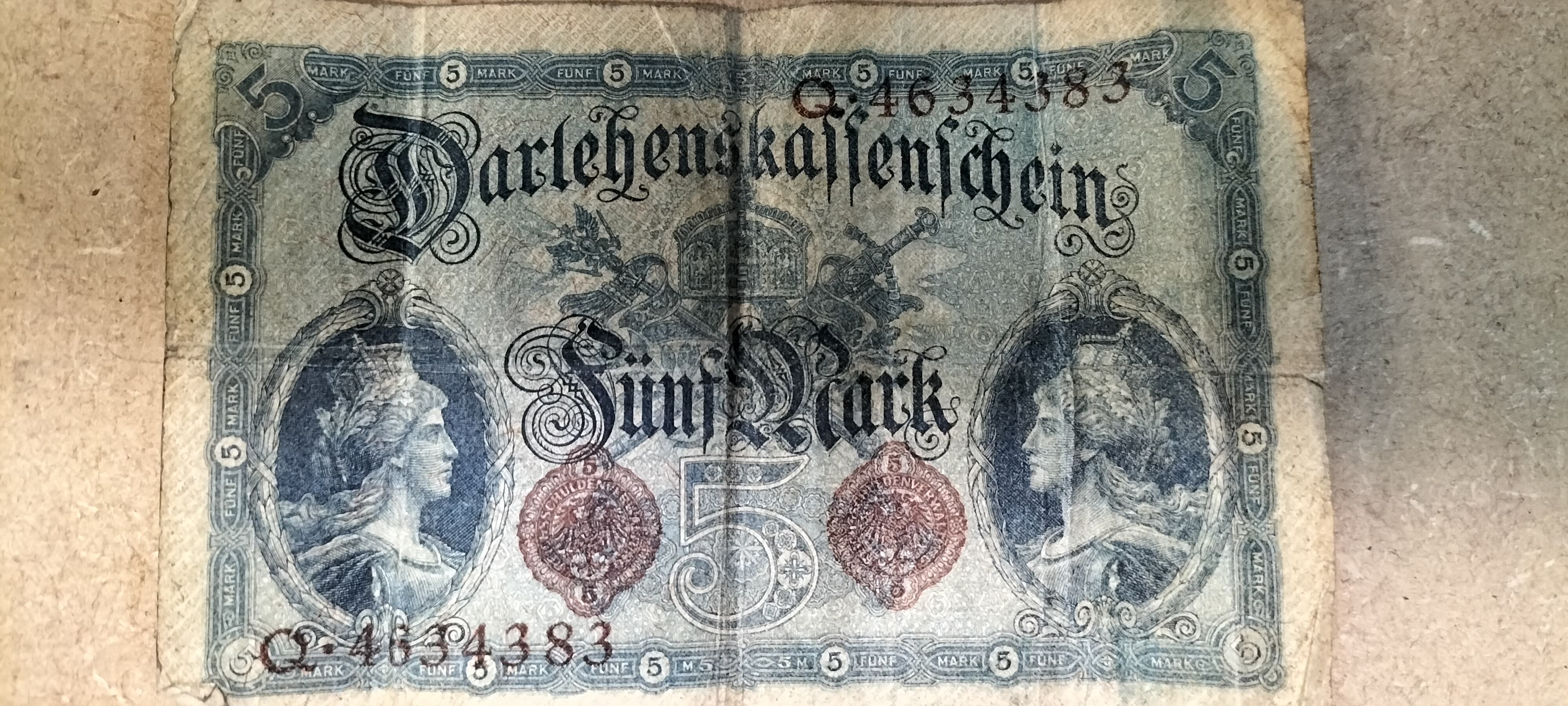 A Single German 5 Mark Darlehenskassenschein Paper Banknote Dated 5 August 1914