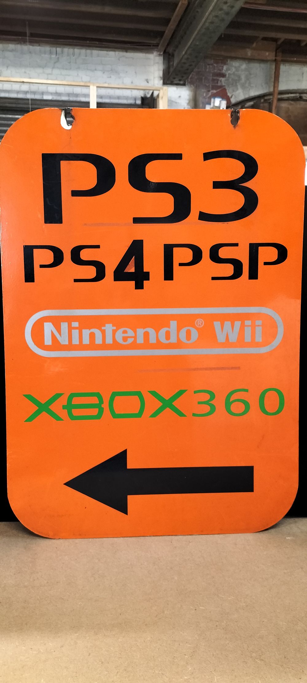 Lot 380: Double sided  Metal Retail Gaming Directional Signs for PS3, PS4, PSP, Nintendo Wii, and Xbox 360